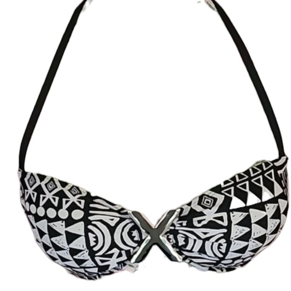 THG Black & White Tribal Boho Ethnic Bikini Top - Silver Metal Front Detail S-M